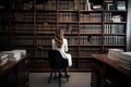 Young woman sitting on chair in library and looking at bookshelves, A female lawyer sitting confidently immersed in legal work, AI