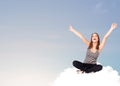 Young woman sitting on cloud with copy space Royalty Free Stock Photo