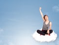 Young woman sitting on cloud with copy space Royalty Free Stock Photo