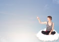 Young woman sitting on cloud with copy space Royalty Free Stock Photo