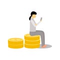 Young woman sitting on coins reading news from her mobile phone. Finance news update on phone, Business work chat