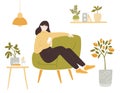 Young woman sitting in comfortable chair using smartphone. Stay home illustration. Lady in yellow sweater. Cozy room