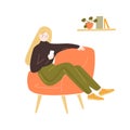 Young woman sitting in comfy chair, using smartphone. Stay home illustration. Blonde long hair girl in brown sweater Royalty Free Stock Photo