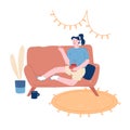 Young Woman Sitting on Couch with Cup of Tea or Coffee in Hand at Home. Female Character Visiting Friend, Relaxing