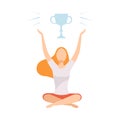 Young Woman Sitting with Crossed Legs and Dreaming of Victory, Girl with Golden Winner Cup Over Her Head Vector