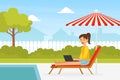 Young Woman Sitting in Deck Chair with Laptop Computer Running Remotely, Freelance, E-learning, Remote Work Concept Flat