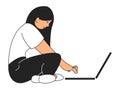 Young woman sitting on floor with laptop. Girl working on computer Royalty Free Stock Photo