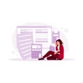 A young woman sitting on the floor, surprised looking at bills on her laptop. Utility Bills concept. Royalty Free Stock Photo