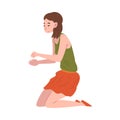 Young Woman Sitting on Her Knees with Outstretched Hands Vector Illustration on White Background.