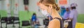 Young woman sitting in hospital waiting for a doctor`s appointment. Patients In Doctors Waiting Room BANNER, LONG FORMAT Royalty Free Stock Photo