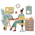 Young woman sitting at a laptop and communicates on social networks. Freelancer sits at a Desk and uses a laptop in a