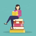 Young woman sitting in many books and reading interesting book. Flat design for libraries, education and exam preparing - Vector