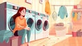 Young woman sitting near washing machine in the self-service laundry cartoon illustration. Generative AI Royalty Free Stock Photo