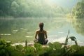 Young woman sitting peacefully by tranquil lake. Generative AI