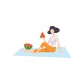 Young Woman Sitting on Plaid and Eating Watermelon, Girl Relaxing on Nature Vector Illustration Royalty Free Stock Photo