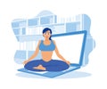 Young woman sitting relaxing at home. Practice yoga while watching videos on a laptop. Self-improvement concept. Royalty Free Stock Photo