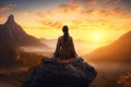 Young woman sitting on the rock and looking at the valley at sunset, A female meditating on top of a mountain with a beautiful Royalty Free Stock Photo