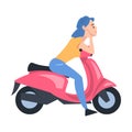 Young Woman Sitting on Scooter, Side View of Cheerful Girl Driving Motorbike Cartoon Style Vector Illustration Royalty Free Stock Photo