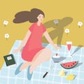 Young woman sitting in sunny day on checkered plaid, blanket with glass of wine, lemons, watermelon, strawberry fruit