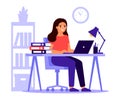 Young woman sitting at table with laptop. Busy woman work with pile of papers in office. Workflow, workspace, remote work.