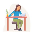 Young woman sitting on the table and reading book and document. Cartoon vector illustration in flat style Royalty Free Stock Photo