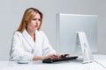 Young woman sitting in the table and using computer Royalty Free Stock Photo