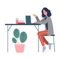 Young Woman Sitting at the Table and Working on the Laptop Computer in Modern Office Vector Illustration