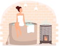 Young woman sitting on tub. Girl on barrel wrapped in towel is resting in sauna in hot steam