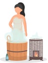 Young woman sitting in tub washing her body in sauna. Bathhouse, girl in barrel is resting in sauna