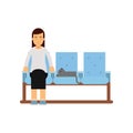 Young woman sitting in waiting hall with her cat expecting for visiting a doctor, colorful cartoon vector Illustration