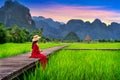 Young woman sitting on wooden path with green rice field in Vang Vieng, Laos Royalty Free Stock Photo