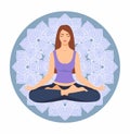 Young woman sitting in yoga lotus pose against the background of a circular ornament. Meditating girl illustration. Yoga woman