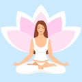 Young woman sitting in yoga lotus pose. Meditating girl illustration.