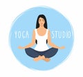 Young woman sitting in yoga lotus pose. Meditating girl illustration. Yoga woman, meditation, anti-stress people with speech bubbl