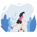 Young woman on skate board. Sport lifestyle concept. girl on penny board. Vector skateboarding in flat hand-drawn style