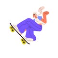 Young woman skater riding skate board. Cool skateboarder jumping with skateboard, extreme trick in air. Happy active