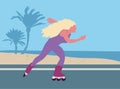 Young woman skating next to beach