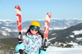 Young woman with ski equipment. Winter vacation Royalty Free Stock Photo