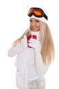 Young woman in ski glasses with red cup Royalty Free Stock Photo