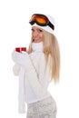 Young woman in ski glasses with red cup Royalty Free Stock Photo