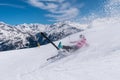 Woman skier accident crash on a ski slope with ski flying, Solden, Austria