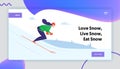 Young Woman Skiing on Mountains Resort Website Landing Page. Girl Riding Downhills by Skis Having Wintertime Fun