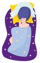 A young woman is sleeping in a bed with a cat next to her. Colorful vector illustration in flat cartoon style. Royalty Free Stock Photo