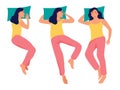 Young woman is sleeping in bed in different poses top view.Girl in pijama.Healthcare and melatonin.