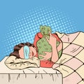 Young Woman Sleeping in Bed with Money Bag. Pop Art retro illustration Royalty Free Stock Photo