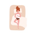 Young woman sleeping on her back. Female character relaxing during night slumber on comfy bed. Lazy young girl lying on