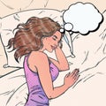 Young woman sleeping in her bed. Vector illustration in pop art style.