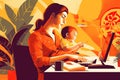 A young woman with a small child works on a computer from home, illustrating the challenges of maternity leave