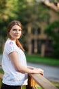 Young woman on small wooden bridge Royalty Free Stock Photo