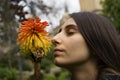 Young woman smelling a flower called Kniphofia in a garden Royalty Free Stock Photo